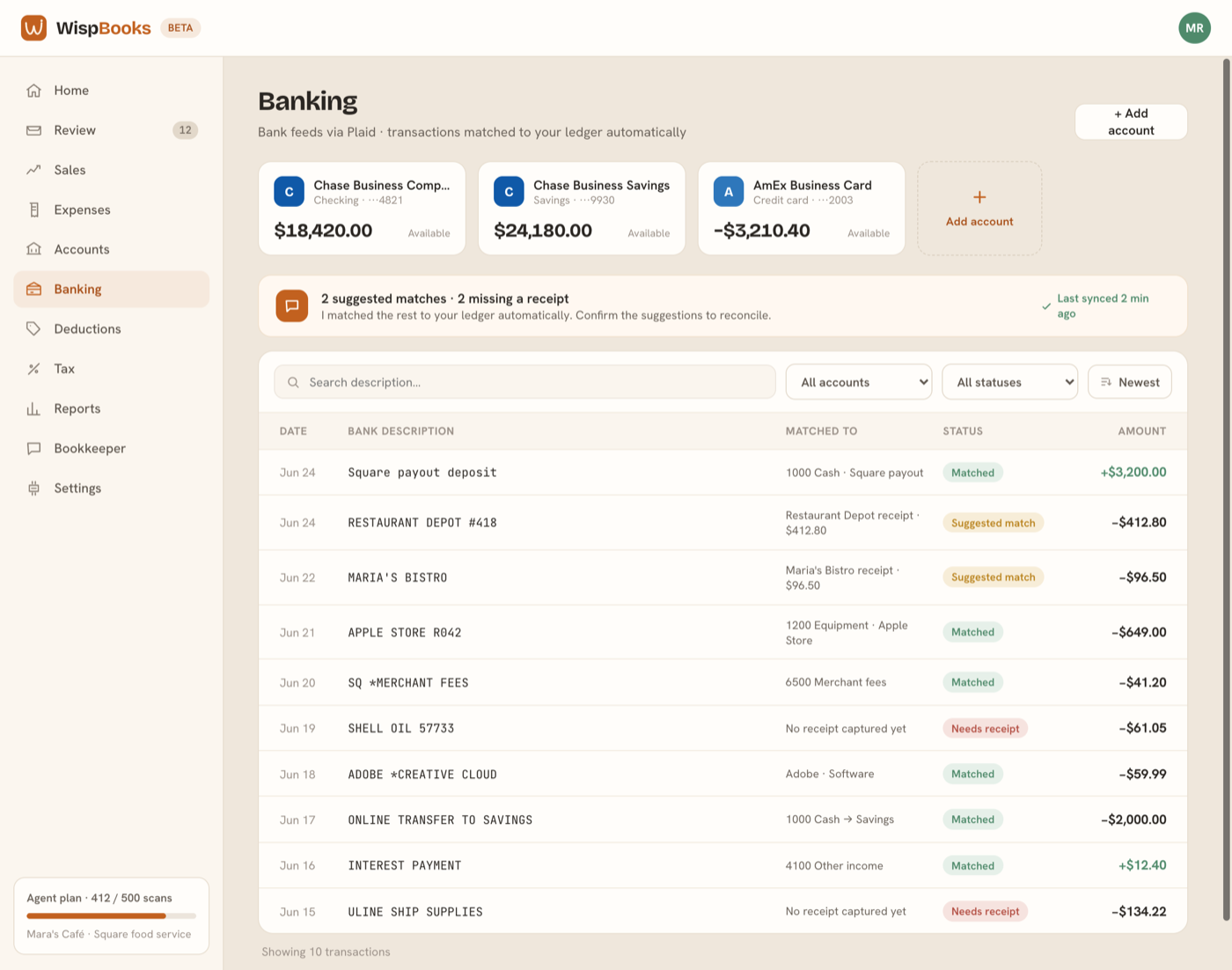The Banking screen with linked accounts and the transaction feed