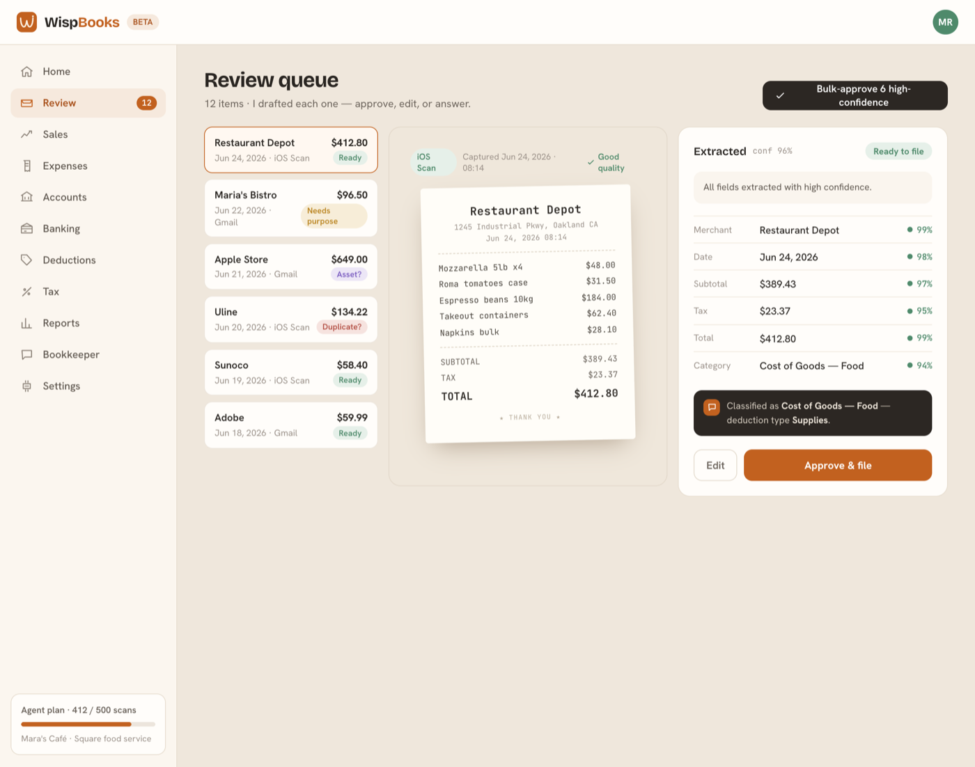 The receipt review screen with the image beside the extracted fields